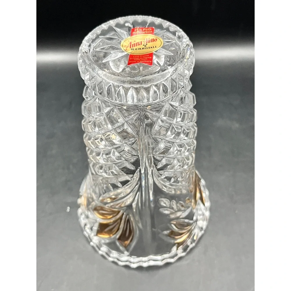 Vtg Anna Hütte Lead Crystal Vase Gold Leaf Etched Cut Glass Germany Bleikristall